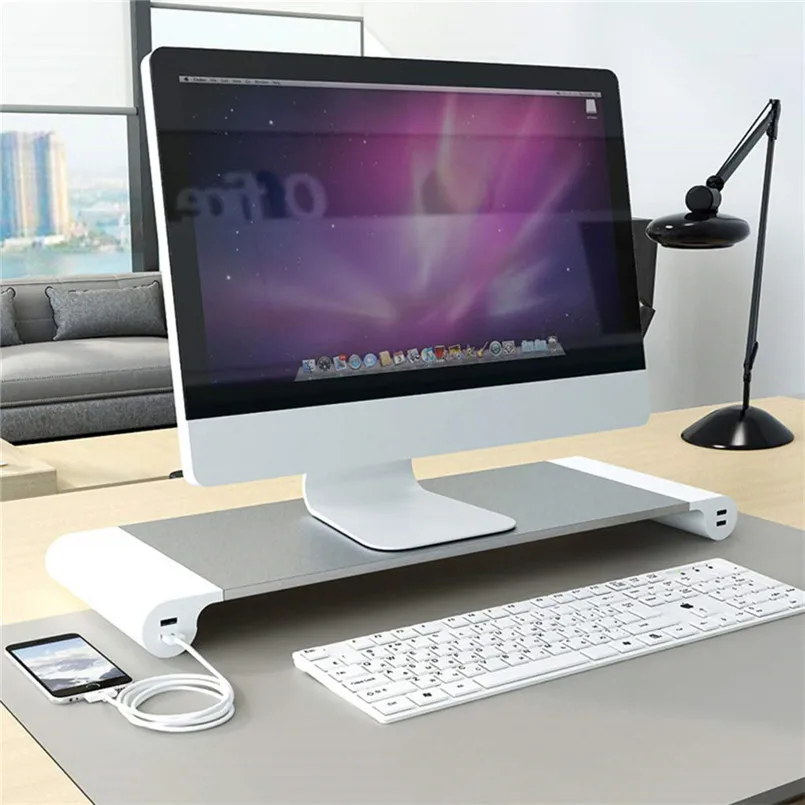 Aluminum Laptop PC Monitor Stand Riser Desk Organizer With 4 USB Ports 40JUN272