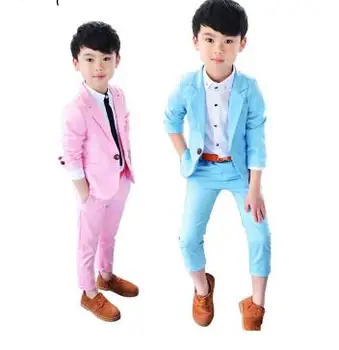 

2019 Boys Candy Color Casual Tuxedos Kids Spring Solid Formal Wedding Suit Brand Fashion Kids Blue & Pink Suit 2pcs pant+coat