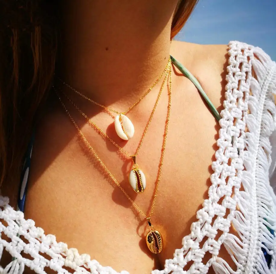 

Three Layers of Shell Pendant Necklace Natural Shell Gold Cowrie Women Best Friend Cowry Seashell Necklace Bohemian Jewelry