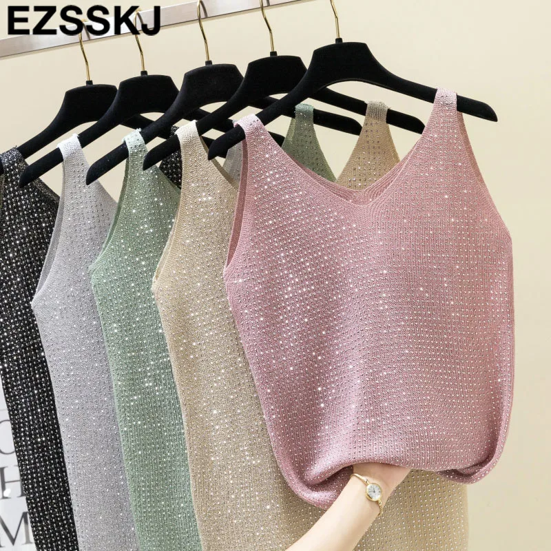 

2019 Sexy shiny Knitted Top Summer v-neck diamonds Tank top Women Slim Top Female bling sleveless t-shirt Vest Camis