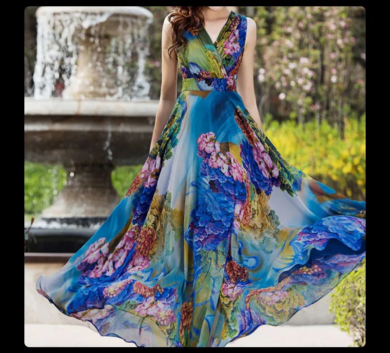 Желтое, синее богемное платье с цветочным принтом, летнее приталенное, расклешенное, длинное, шифоновое, Пляжное, праздничное платье, vestidos mujer robe LT1474