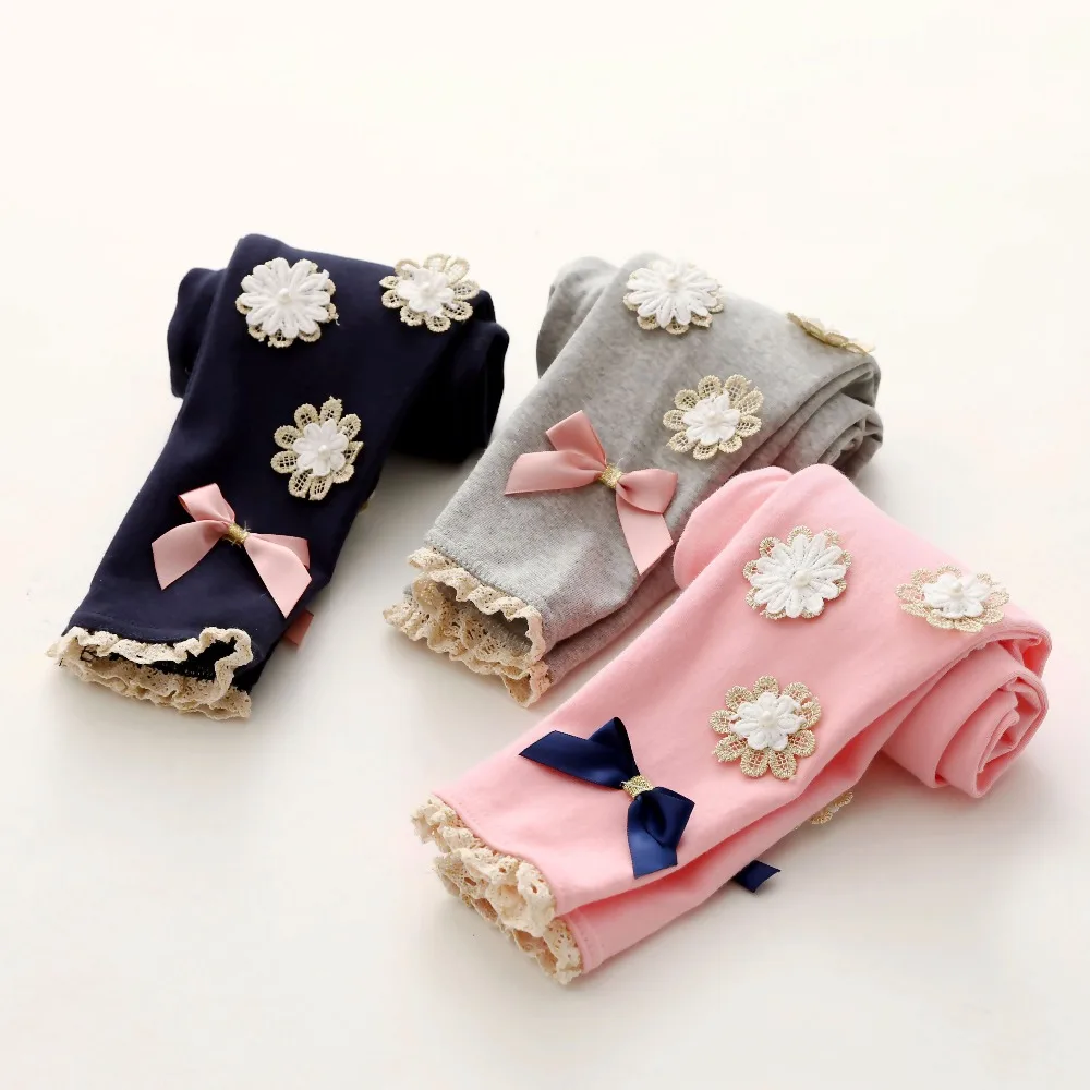

2018 Spring Kids Children Cotton Gray Navy Blue Full Length Capri With Bow Flower Foral Lace Baby Girl Leggings Children