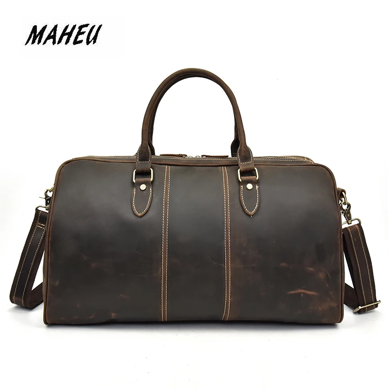 

MAHEU Men's Leather Travel Shoulder Bag Genuine Leather Duffle Bags Full Zipper Cowhide Bags Outdoor Crazy Horse Fashion 50cm