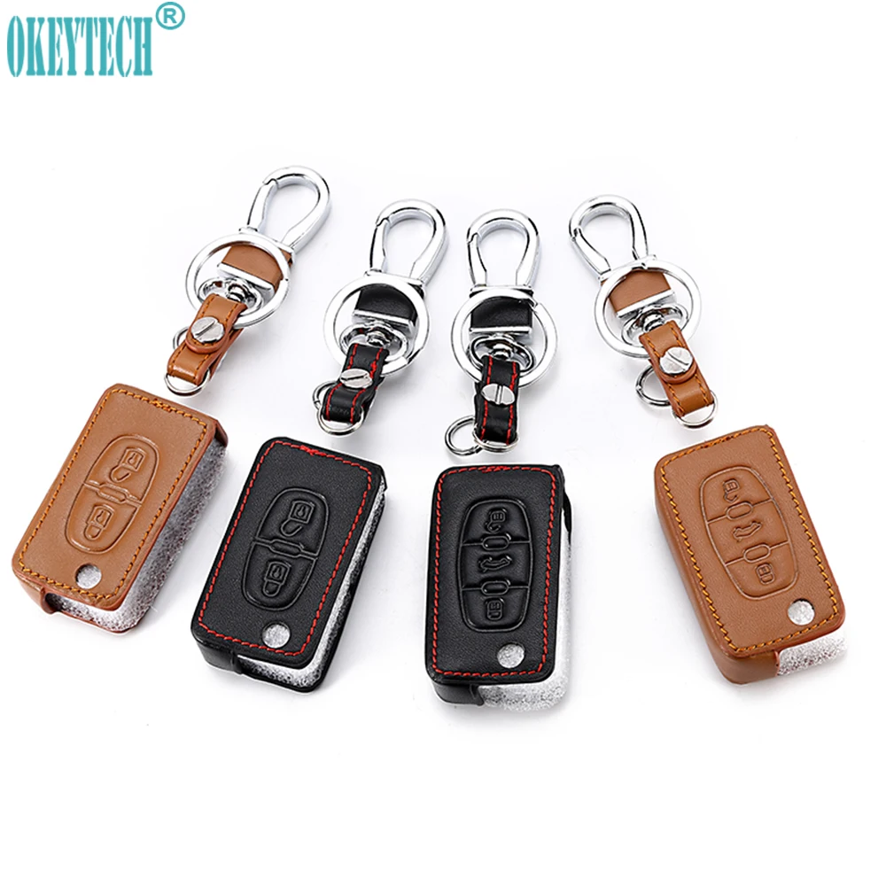 

OkeyTeach 2/3 Buttons Car Styling Leather Car Key Cover Case For Peugeot 107 207 307 407 308 607 For Citroen C1 C2 C3 C4 C5 C6