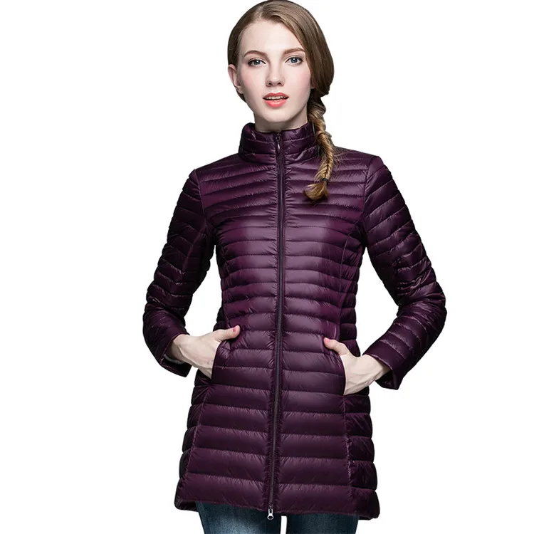 Новинка, Осень-зима, модный тонкий длинный пуховик для женщин, ультра-светильник, 90% белый утиный пух, куртка с капюшоном, ветрозащитная женская верхняя одежда Mw144 - Цвет: Фиолетовый