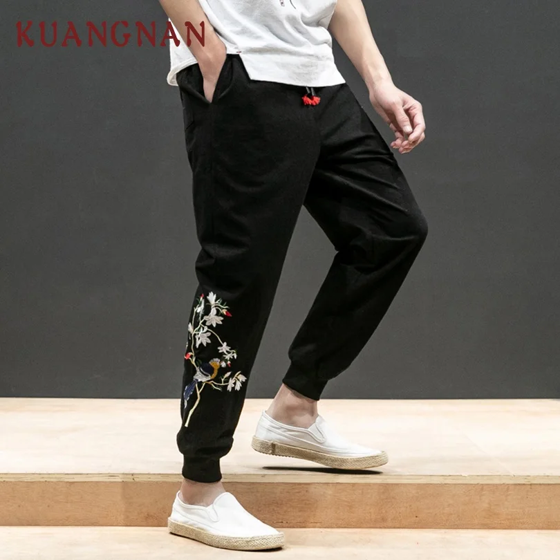 KUANGNAN/брюки с вышивкой в китайском стиле для мужчин; Мужские штаны для бега в японском стиле; уличная одежда; мужские брюки в стиле хип-хоп; мужские брюки; сезон весна года