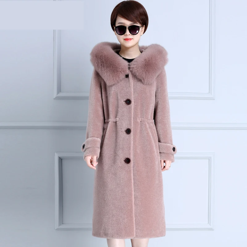 New100 Beige Capuche Slim Véritable À Mouton Veste Manteau Fourrure Européenne Laine De camel Z845 Hiver Femmes Renard Tops SrSnfqaw