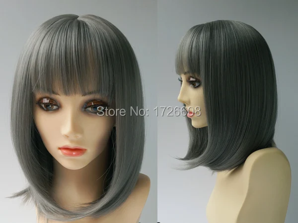 

Free Shipping Medium Length Synthetic Straight Hair Wig COS Wig Heat Resistant Wigs Grey Color