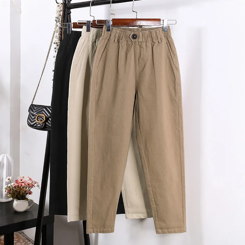 

Cargo Pants Overalls Elastic Waist Harajuku Casual Feet Pant Women's Washed Straight Pants 2019 New Autumn Triangle Buckle Lady