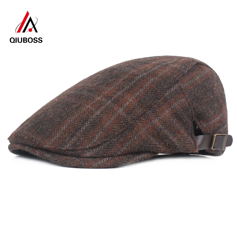 

QIUBOSS Autumn Winter Wool Felt Adult Adjustable Ivy Cap Newsboy Cap Men Warm Berets Plaid Male Driving Flat Cabbie Caps