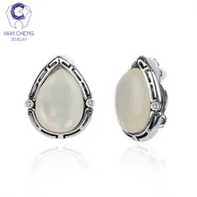 HanCheng nueva moda pendientes de Clip de oreja de ópalo de fuego ovalado de circón para mujer joyería antigua joyería chapada en plata brincos