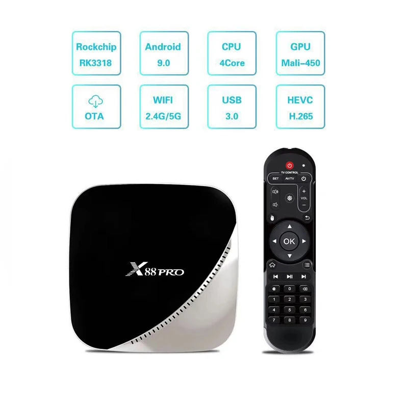 

4GB 64GB TV Box Android 9.0 RK3318 Quad Core Smart Mini PC with Colors Case 2.4G/5G Wifi X88 Pro 4K Media Player USB 3.0 OTA