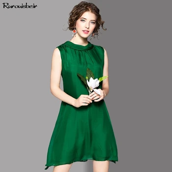 

2019 Green Silk Summer Dress Sleeveless O Neck Women Fashion Temperament Solid Color Dress Back Bowknot Design Women Clothes