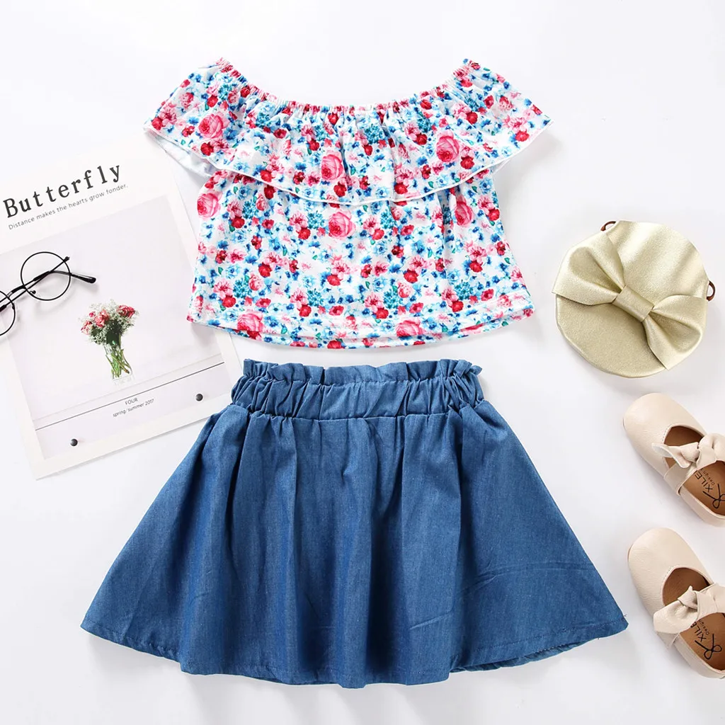 

Toddler Baby Kids Girls Off Shoulder Ruffles Floral Tops Solid Skirt Outfits Set Children Child 2019 Drop Shipping