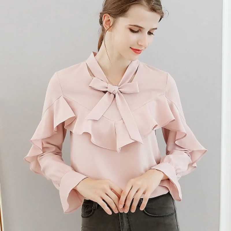 

Summer Autumn Slim 3 Color Shirts V Neck Flare Long Sleeve Casual Chiffon Blouses Women Clothes Office Ladies Bow Ruffles Tops