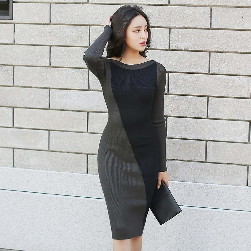

Autumn Patchwork Mid-length Women Knitted Dress O-neck Full Sleeve Hit Color Female Bodycon Vestidos Women Sweater Dress 2018