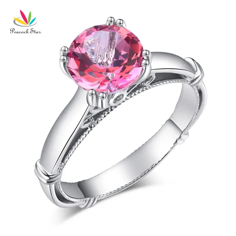 

Peacock Star 14K White Gold Wedding Engagement Ring 2 Ct Pink Topaz 0.02 CT Natural Diamonds
