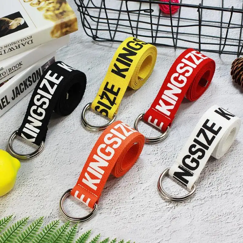 

KINGSIZE Women Harajuku Belt Red Letter Printed Fashion Unisex Double D Ring Canvas Strap Female Long Belts