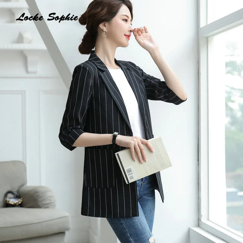 Women's Plus size Long Blazers coats 2019 Autumn cotton blend stripe Slim fit Small Suits jackets ladies Skinny Blazers Suit