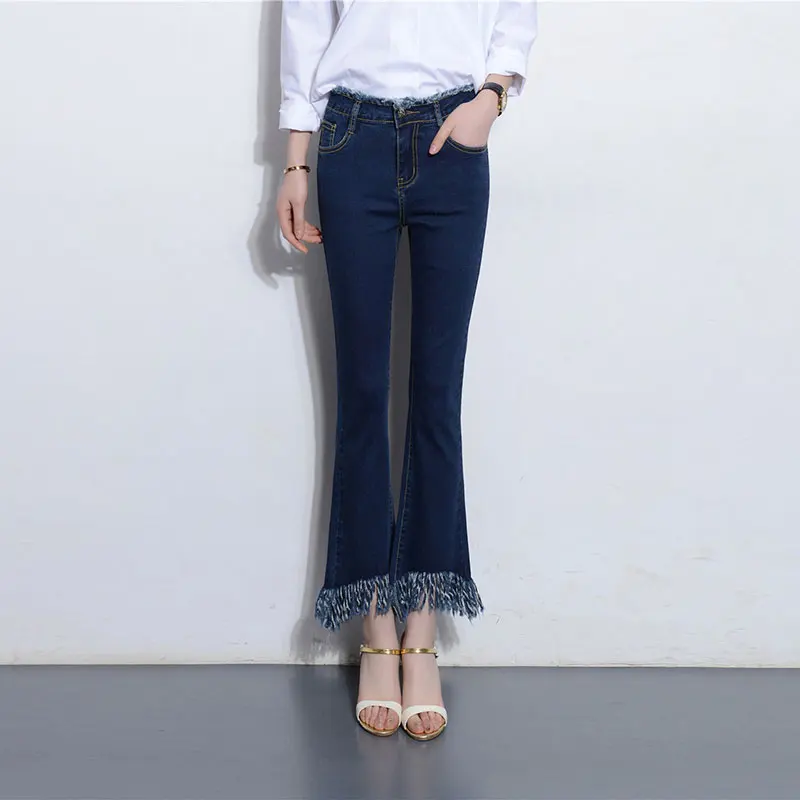 

Women Summer Pants Casual Trousers For Ladies Blue Washed Mid Waist Flare Pant Denim Ankle Length Jeans Plus Size 26-40