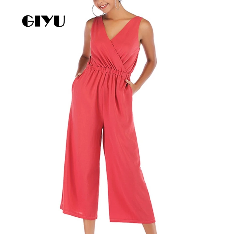 

GIYU Sexy V Neck Loose Long Jumpsuits Women Strap Overalls Wrap High Waist Sleeveless Wide Leg Romper 2019