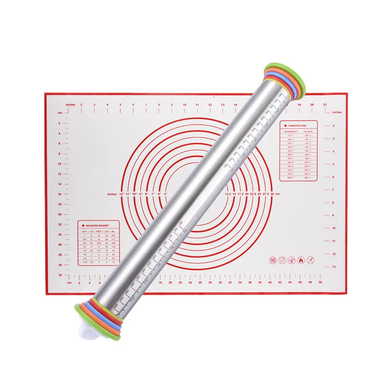 

44cm Adjustable Stainless Steel Rolling Pin With Dough Mat Dough Roller with 4 Removable Adjustable Thickness Rings