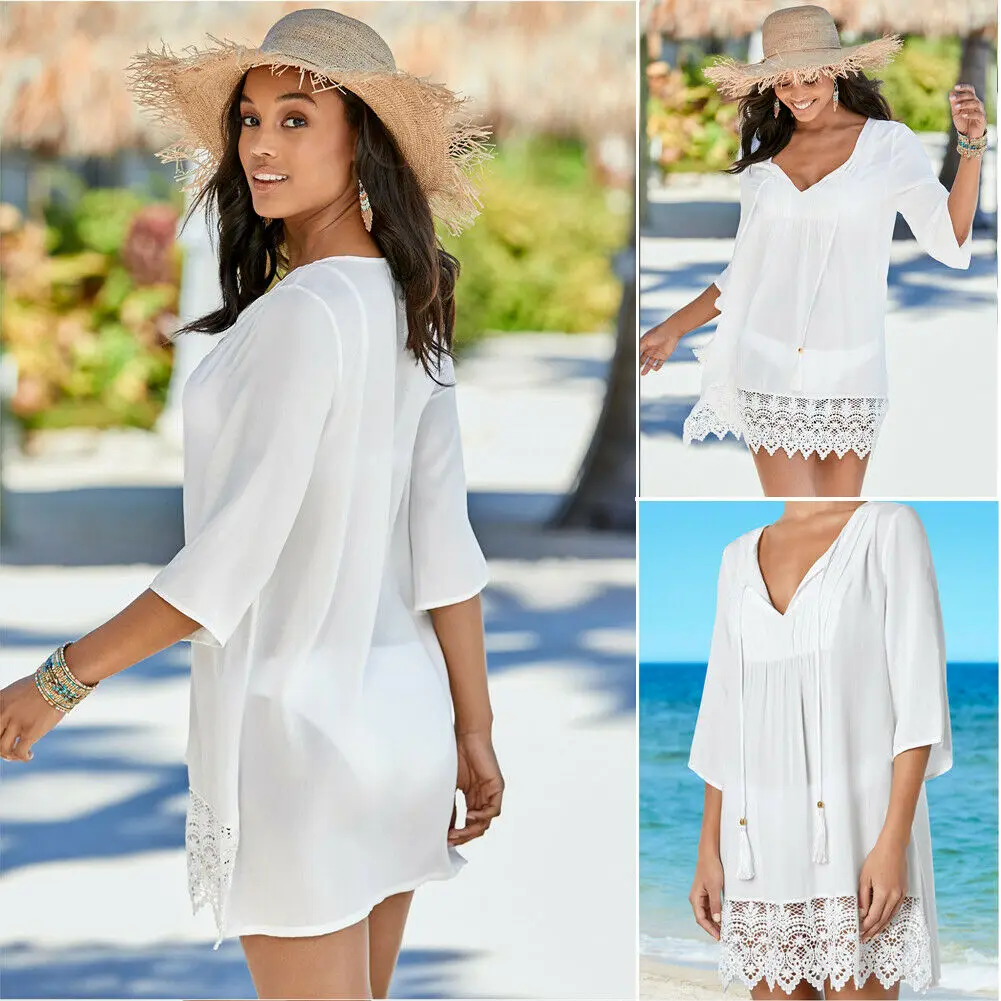 

Casual Women’s Bathing Cover up Beach Bikini Swimsuit Lace Swimwear Hollow Three Quarter Sleeve Long Tops
