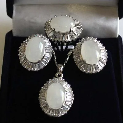 

wonderful lady's 10-14mm white jade beads 18KGP ring#7/8/9 pendant & earring set