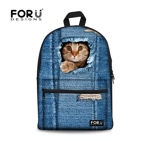 FORUDESIGNS/милый кот, женский холщовый рюкзак для девочек-подростков, школьные рюкзаки с животными для студентов, повседневные джинсовые сумки для ноутбука - Цвет: C3304J