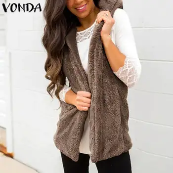 

VONDA S-5XL Women Coat 2020 Autumn Winter Sleeveless Jackets Warm Hooded Outwear Casual Cardigan Vest Tops Waistcoat Plus Size