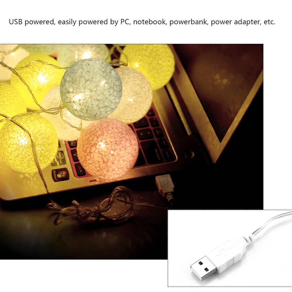 3 м 20 светодиодный USB Красочный ватным тампоном Строка светильник/белый/теплый белый/розовый/фиолетовый украшения на Рождество сад дома Патио газон для отдыха и вечеринок