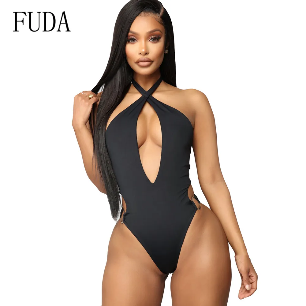 

FUDA New Fashion Women Sexy Cross Halter Hollow Out Swimsuits Casual Summer Swimwear Triangle Bodysuits Women Black Playsuits