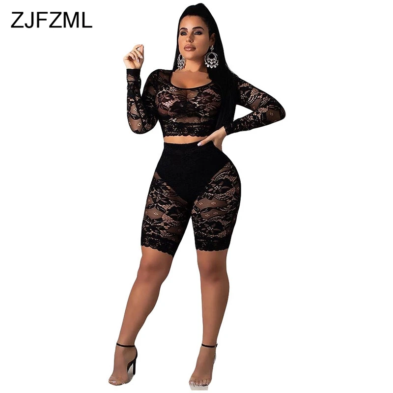 

ZJFZML 2 Two Piece Women Matching Sets Long Sleeve Crop Top and Biker Shorts Black White Lace See Through Sexy Club Outfits