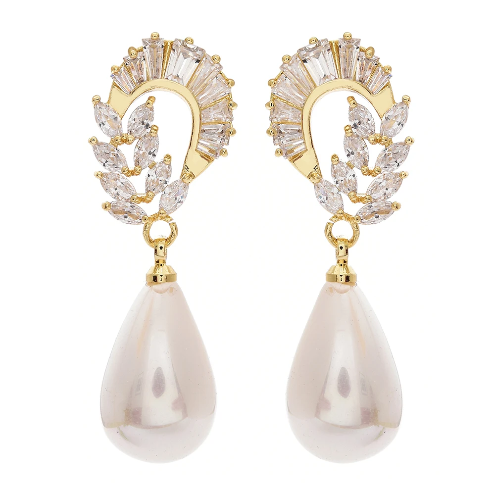 

MEILIYISHI Wedding Freshwater Pearl Earring AAA Zircon Gold Color S925 Silver Needle Tree Leaf Earring Jewelry for Mother Women
