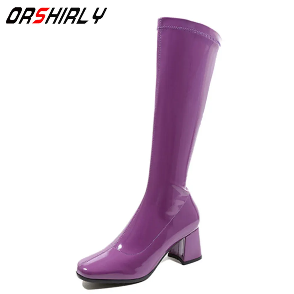 

Orshirly New Fashion Sexy Women Mid-Calf Boots patent leather + Pig skin Square heel Motorcycle boots zip handmade for ladies