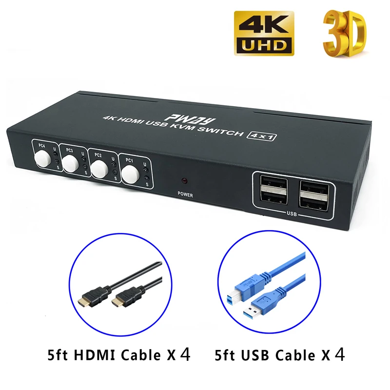 HDMI KVM Switch 4 Port in 1 out With Cables Support 4K*2K