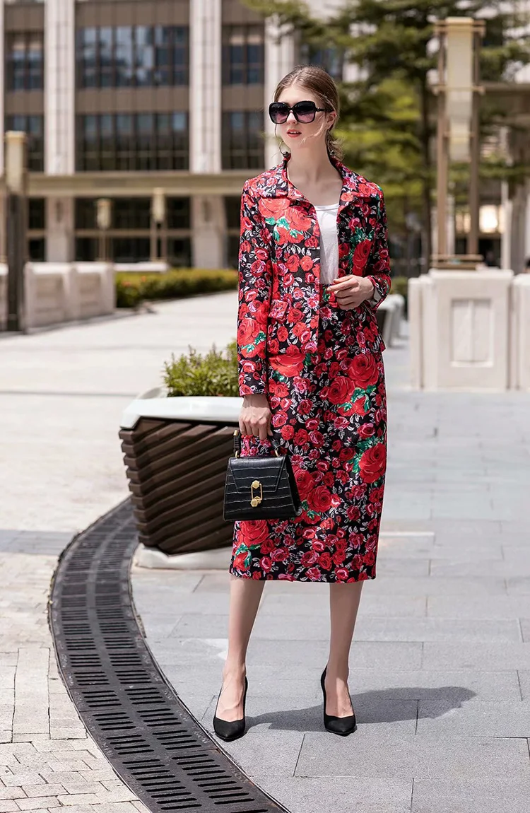 Svoryxiu/осенне-зимний дизайнерский жаккардовый костюм с юбкой для подиума женский винтажный комплект из двух предметов с цветочным принтом розы