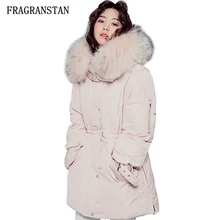 Женская зимняя утепленная пуховая куртка с большим меховым воротником Женская Новая мода пояса тонкая однотонная Повседневная Свободная Vestidos JQ75