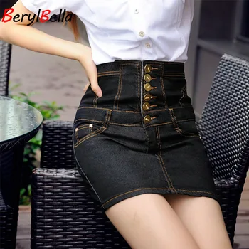 

Women's Skirt New High Waist Denim Skirt Fashion Button Slim Cotton Black Summer Style Girls Skirt For Female