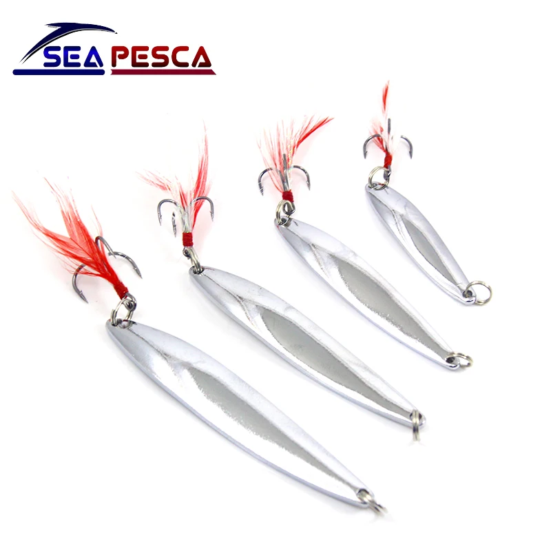 

SEAPESCA Rotating Sequins Fishing Lure Spoon 7g 10g 15g 20g Luminous VIB Hard Baits Sinking Metal Wobblers With Feather ZB484