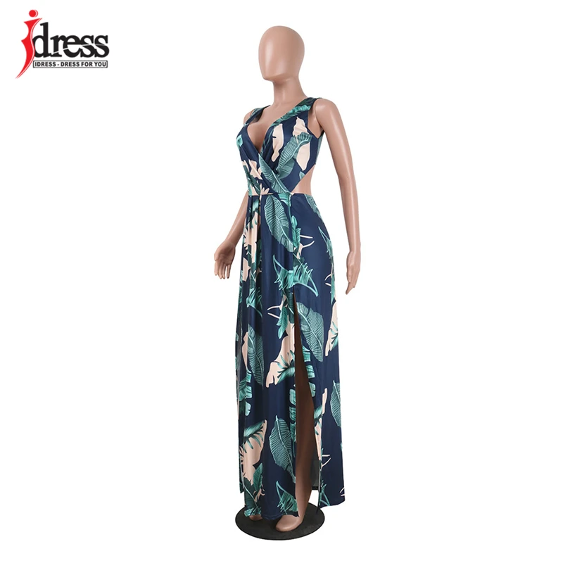 IDress 2017 Sexy Club Print Maxi Dress Sleeveless Deep V Neck Backless Sides Split Long Dress Women Summer Evening Party Dresses (6)