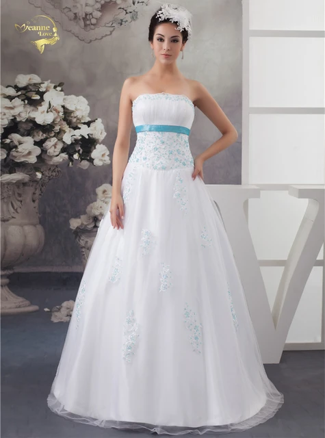 2019 nueva llegada vestidos de novia blanco con azul apliques cordón