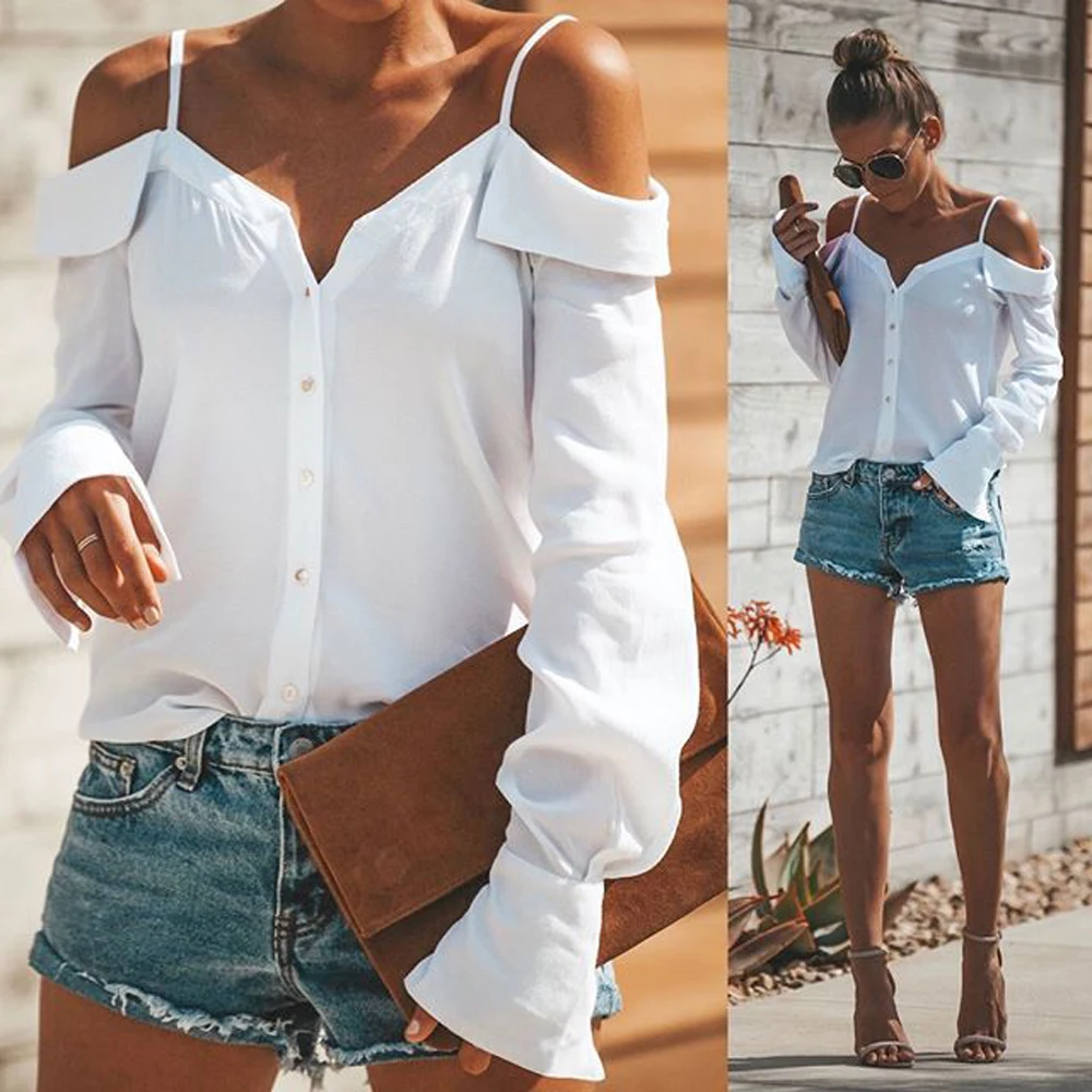 

2019 Summer Women Sexy Spaghetti Strap V Neck Long Sleeve Blouses Woman Shirt Casual Blouse Solid Color Loose Tops Streetwear