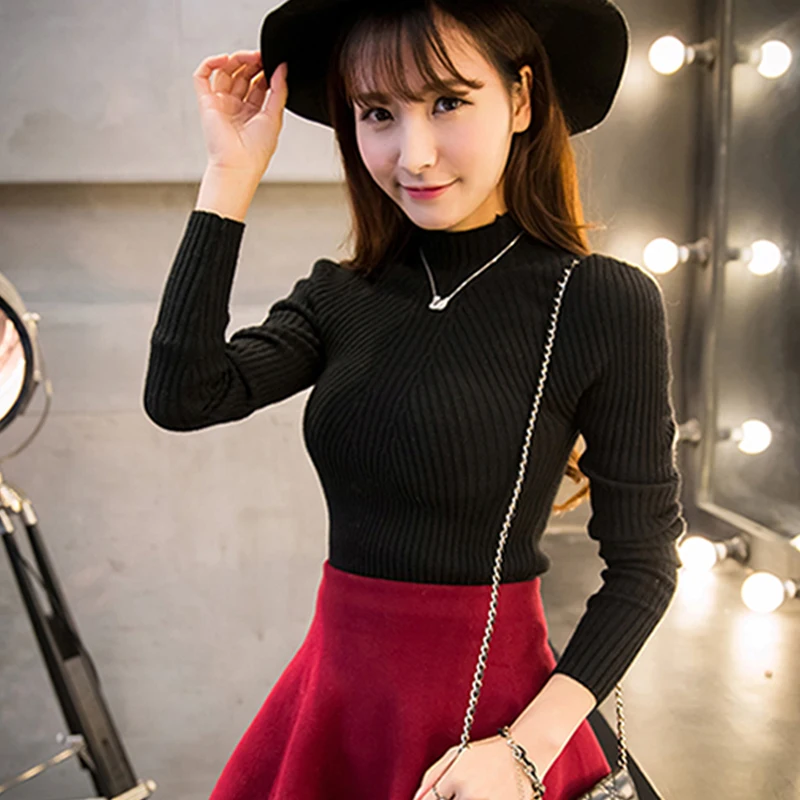 

NORMOV Korean Women Sweaters Autumn Winter High Neck Long Sleeve Elastic Ribbed Cotton Pullovers Fashion Black Thin Sweaters