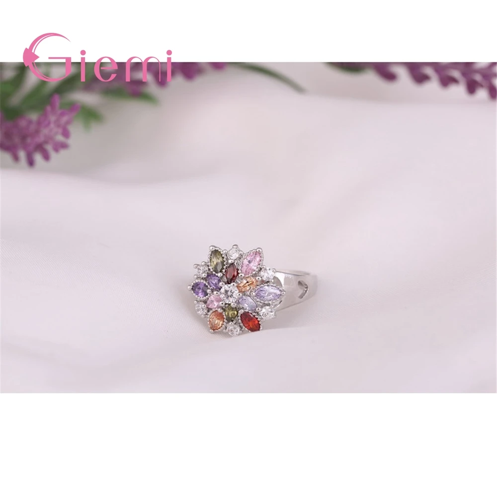 Sparkling 100% Solid 925 Sterling Silver Band Rings Colorful Flower AAA Cubic Zircon Stone Jewelry for Women Wedding Engagement