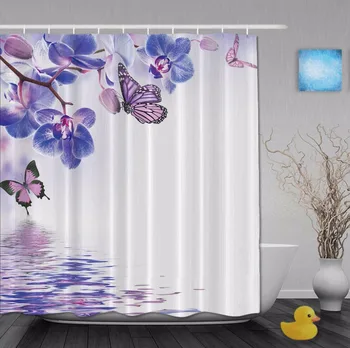 

Puple Floral And Butterfly On Lake Dreamlike Shower Curtains Waterproof Fabric With Hooks High Quality Picture Shower Curtain