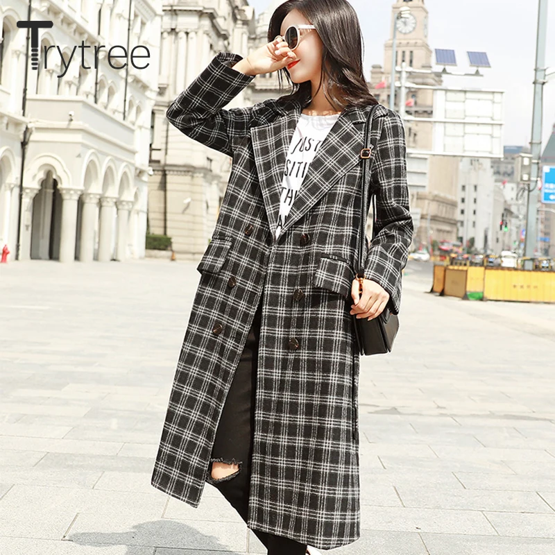 Trytree осеннее женское повседневное шерстяное пальто клетчатое двубортное полиэфирное с широкой талией офисное женское длинное плотное пальто