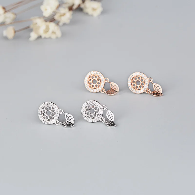 

S925 sterling silver openwork round leaf stud earrings Women's sleek minimalist zircon earrings jewelry gift 6-ES3106