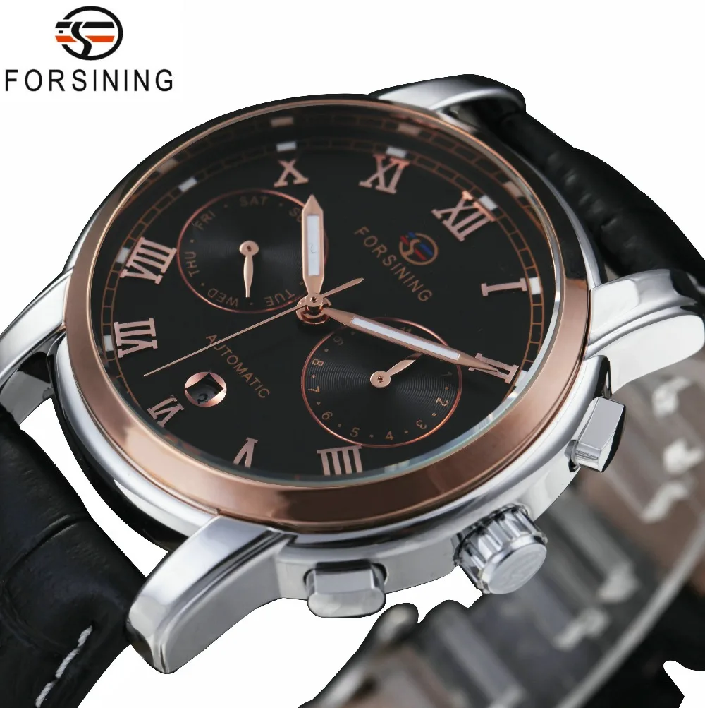 

FORSINING Fashion Men's Automatic Watches Small Sub-dials Display Top Brand Luxury Mechanical Wristwatches Leather Watch Band
