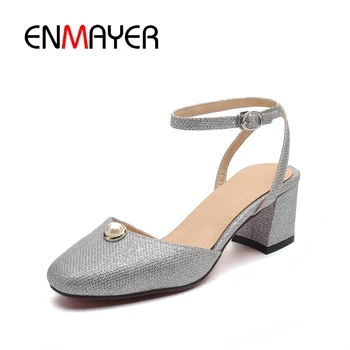 

ENMAYER Sequins Big Size 34-43 Female Footwear Women Sandals Summer 2020 Brand Shoes Woman Buckle Strap Thick Heel Sandals CR147